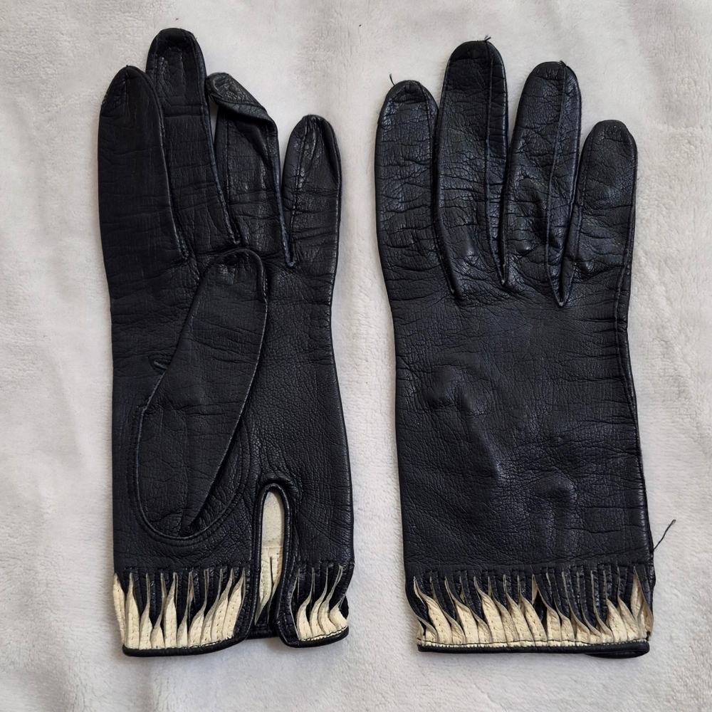 Vintage French Black Leather Gloves Signed Inside French Language Rare Find